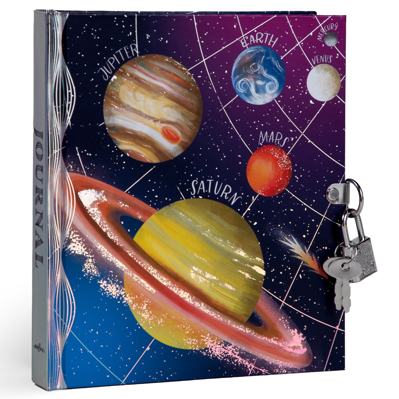 eeBoo: Space Journal - Includes Lock & Keys, 176 Lined Pages, Stetch & Take Notes, 6.25 x 5.5", Foil Cover Solar System-Themed Diary, Kids & Teens